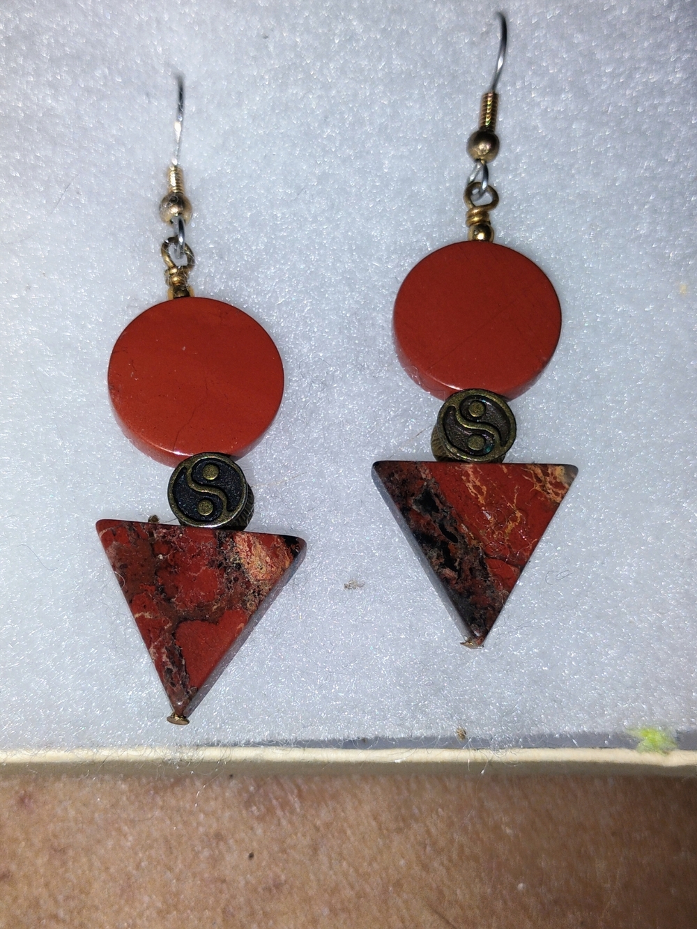 Red Jasper Geometric Drop Earrings - Tribal Yin Yang Accent